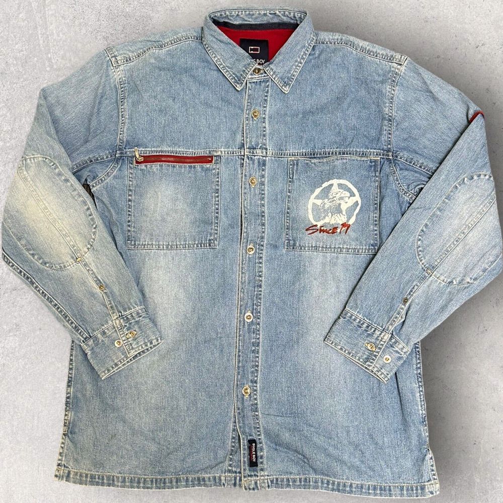 Bugle Boy Vintage 90s Men's Medium Blue‎ Denim Button Down Shirt Contrast